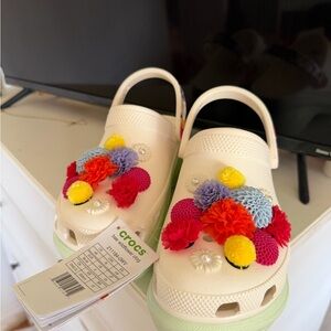 CROCS Cream and Green Sandals with Colorful Floral Accents